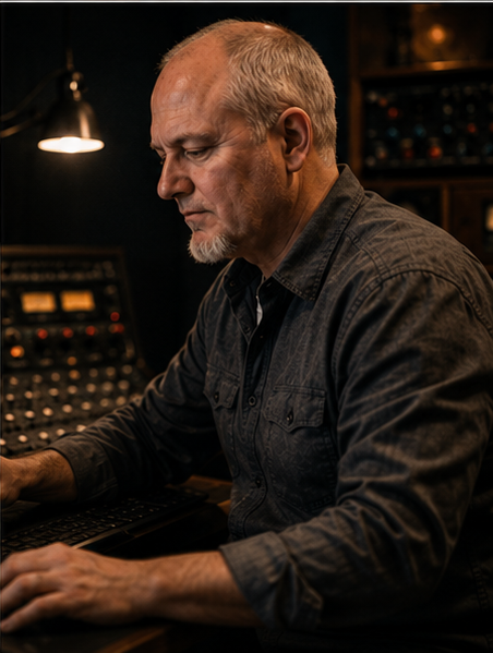 Erik Rives focused at a studio workstation